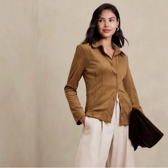 NWOT Banana Republic Large VEGAN SUEDE SHIRT Brown Tan Horse Hair #758951 - Picture 1 of 4